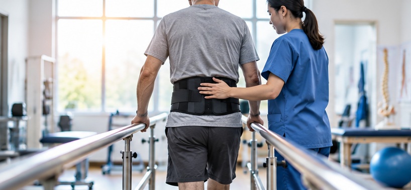 Medical professional assisting a patient with durable medical equipment