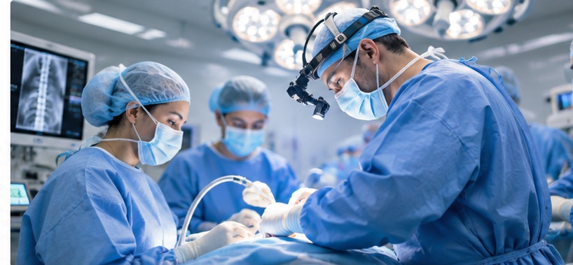 Spine surgery team in a clinical operating environment