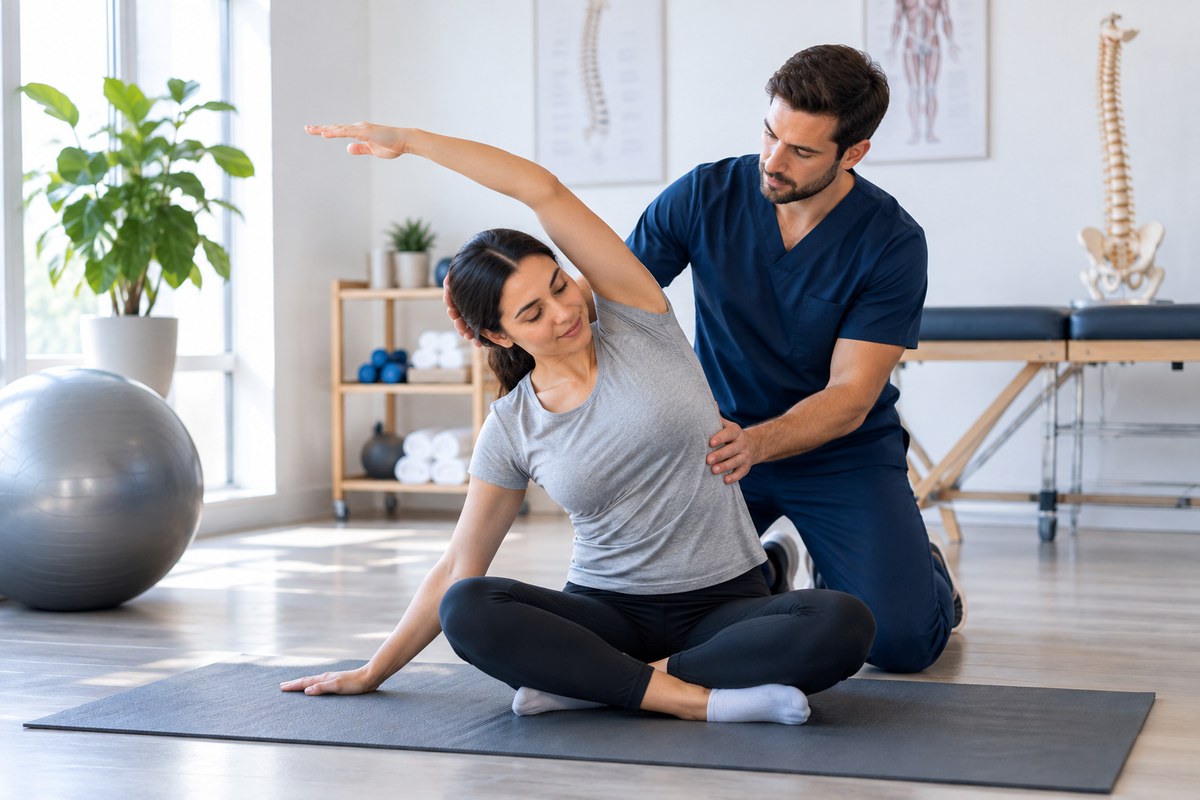 Illustration of a therapist guiding a seated patient's movement